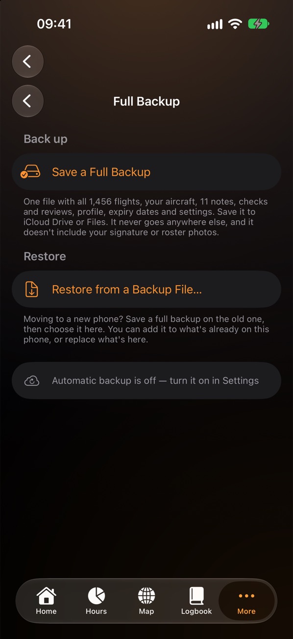 The Full Backup screen: save a full backup or restore from one