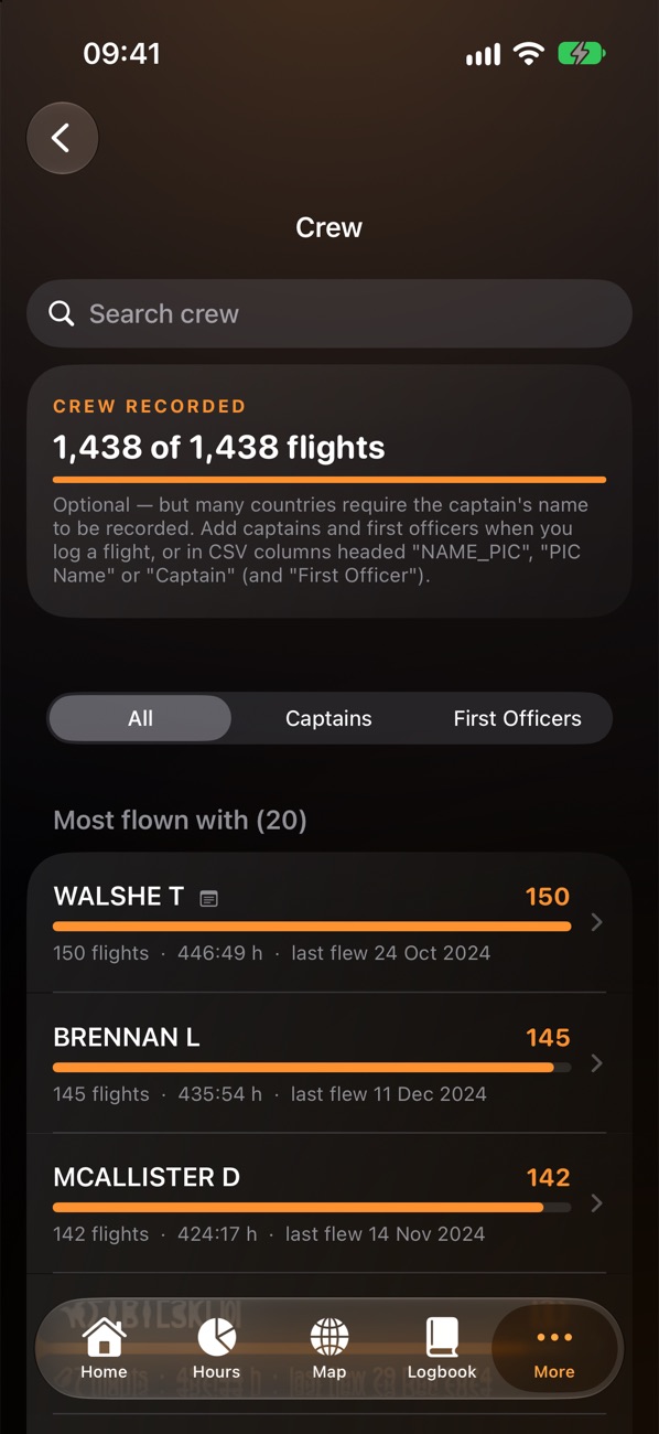 The Crew page: most flown with