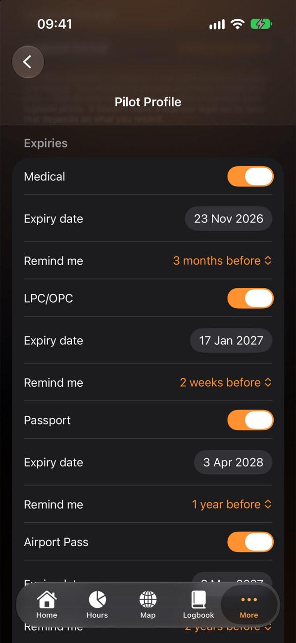 Expiry dates for medical, LPC/OPC and passport, each with its own reminder
