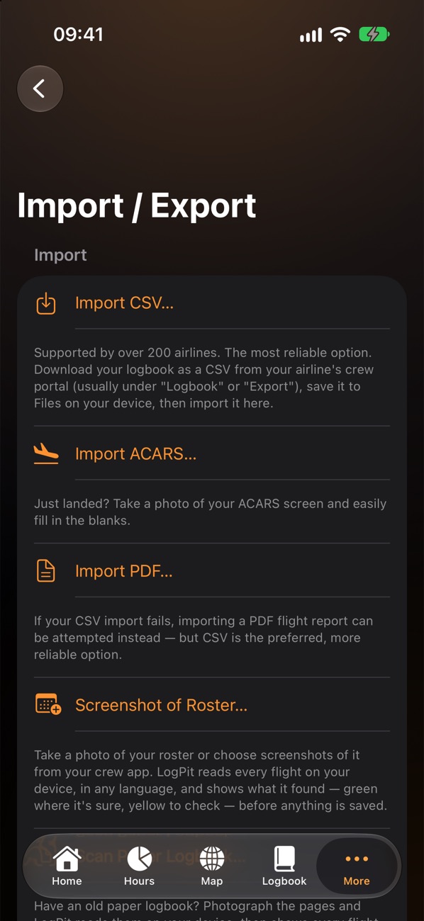The Import screen, listing CSV, ACARS, PDF, roster and paper logbook imports