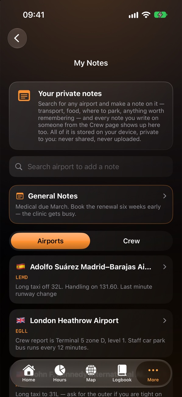 My Notes: airport notes and crew notes